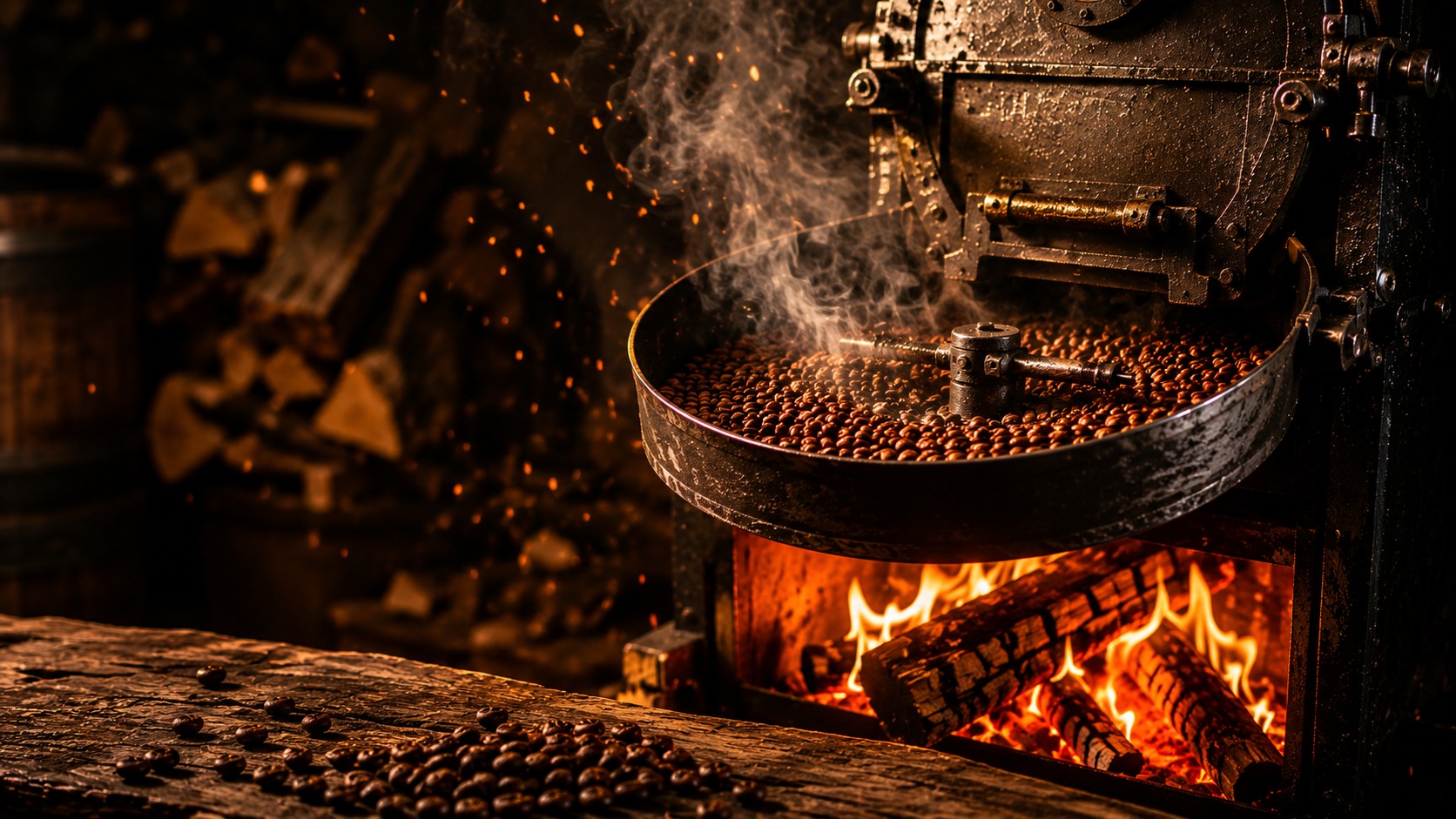 Holzfeuerröstung mit Kaffeeröster, Feuer, Rauch und gerösteten Bohnen